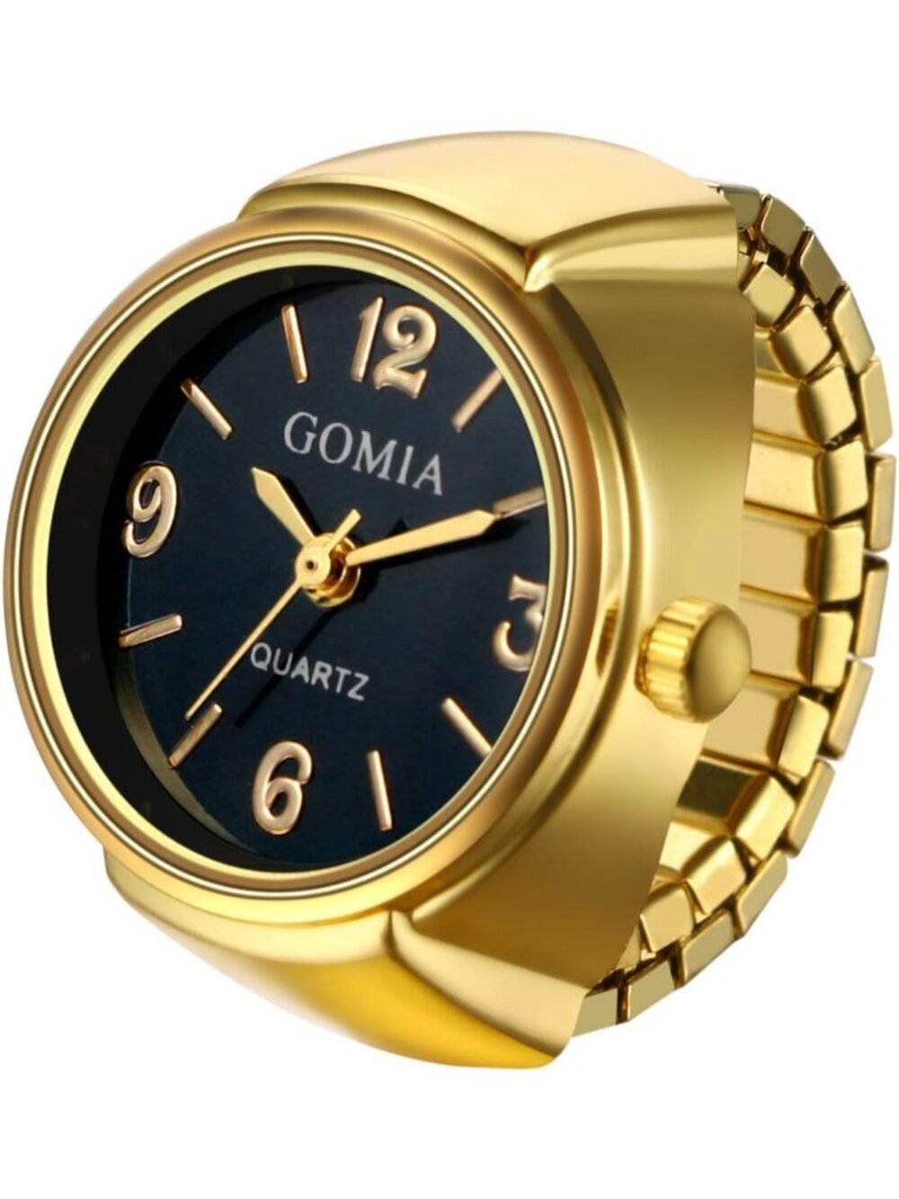 Unisex Gold And Black Analog Stretchy Elastic Band Analogue Finger Ring Watch